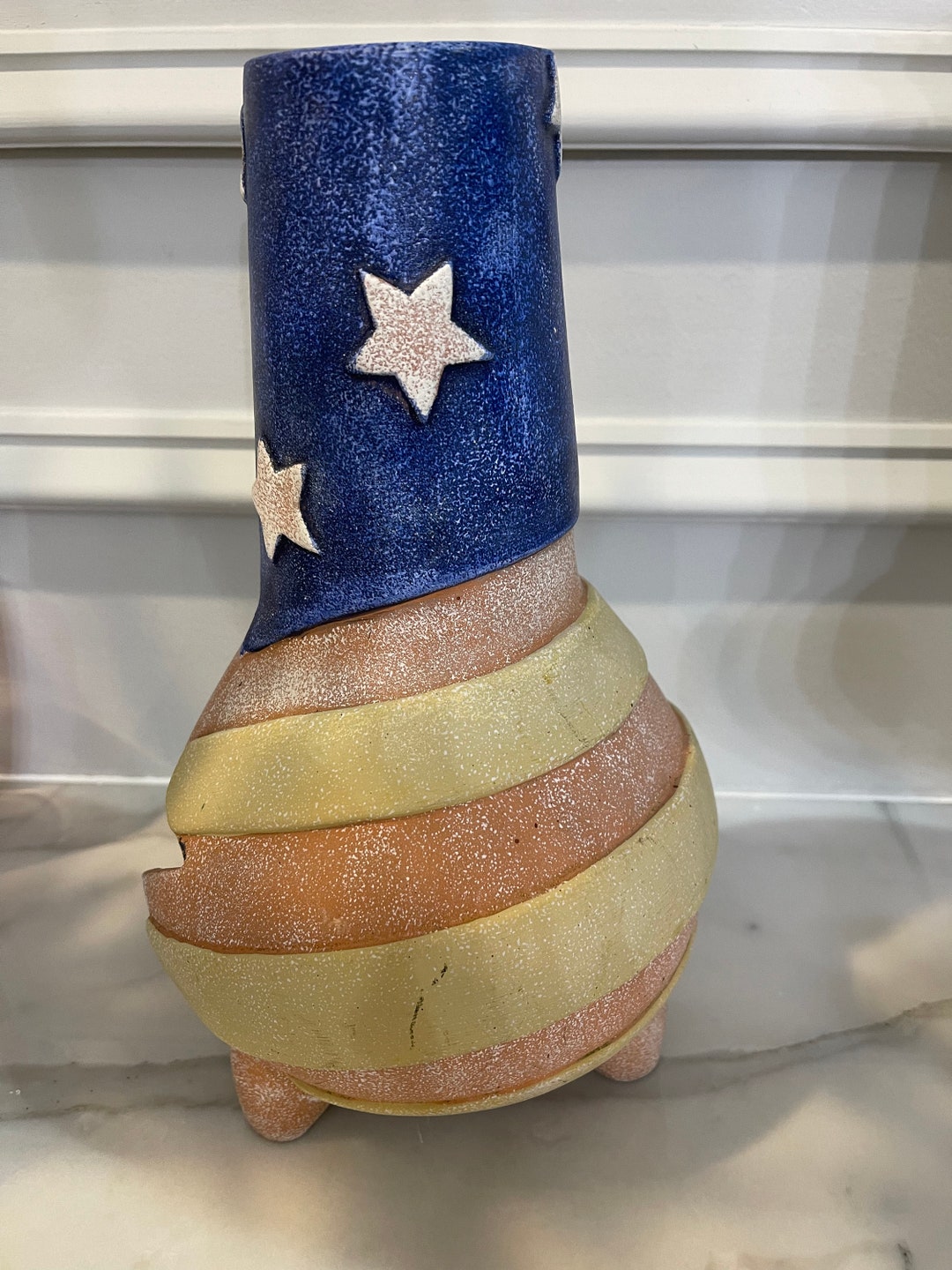 Vintage Pottery Art Table Top American Flag Decor Chiminea Etsy