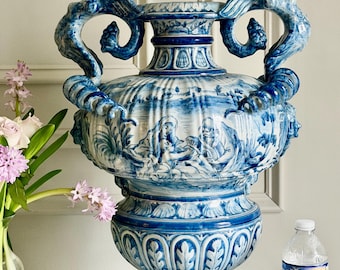 Large Vintage Cantagalli Italian Majolica Blue White Delft Style