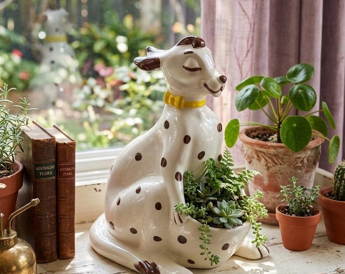 Vintage Mid Century Kangaroo Planter, Large Ceramic Polka Dot Animal Pot, Kitschy Nursery Decor 12”x9”x8”