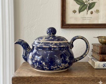 Vintage Bennington Potters Agate Blue Spongeware Teapot Hand Mark Vermont 9.5"w x 5.25" h