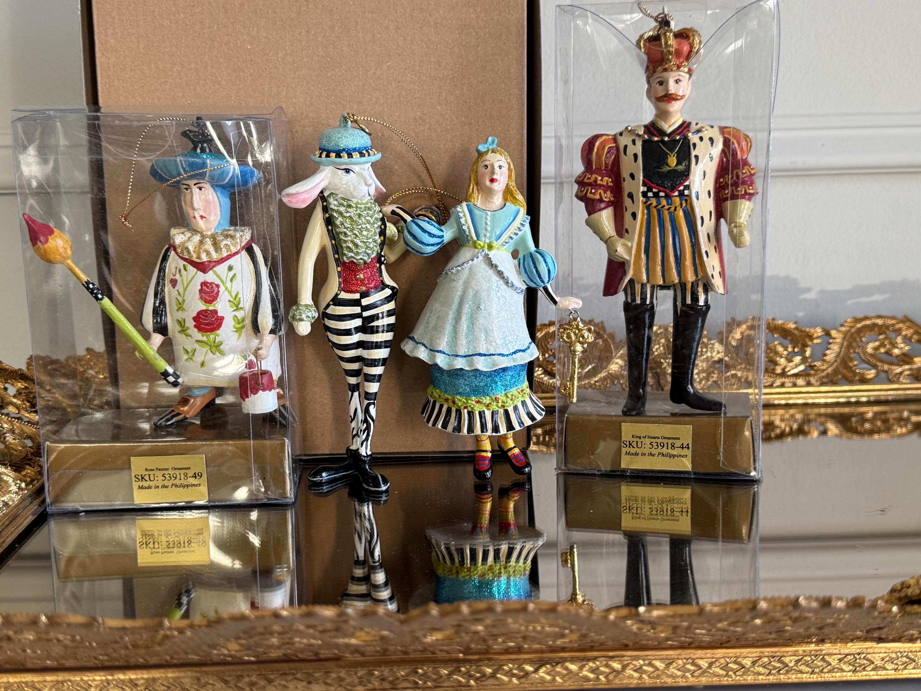 Set of 4 Retired Whimsical Mackenzie-childs Alice in Wonderland Christmas  Ornaments - King of Hearts (lost Scepter) + Rabbit + Rose Painter