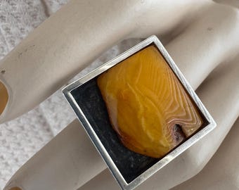 Vintage Polish Modernist Sterling Silver Amber Ring, Gdansk Baltic Egg Yolk Statement Ring, Hallmarked Mid Century Square Cocktail Ring
