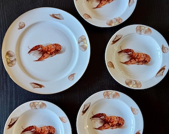Kuba Porcelain Porzellan Bavaria Germany Seafood Lobster/clam 1 Platter/Chop Plate 11.5" + Set/4 Soup Bowl 8.75"