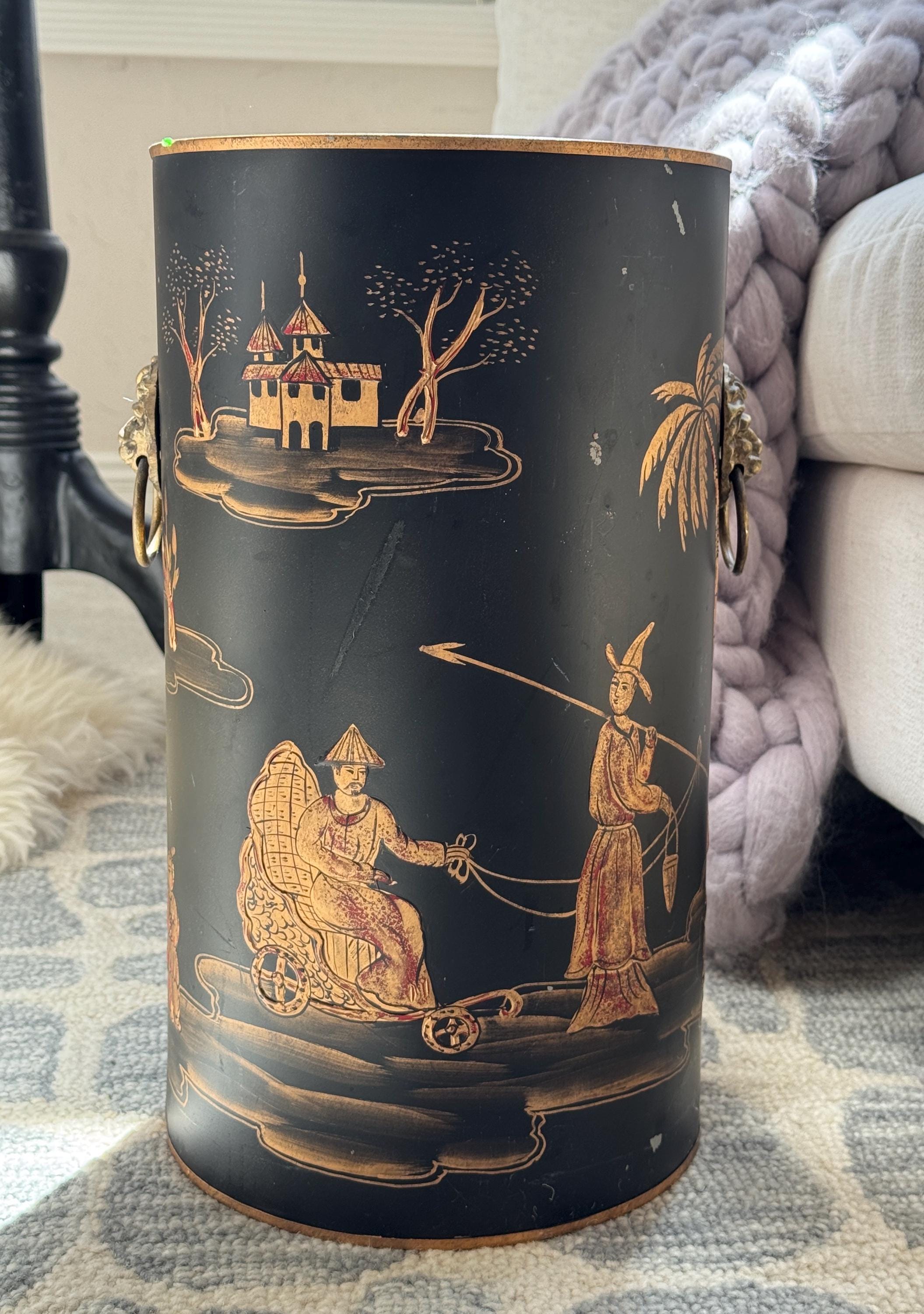 Vintage Gold Black Chinoiserie Hand Painted Toleware Planter