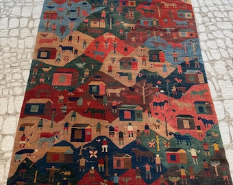 Vintage Nepal Tibetan folklife hand knotted wool rug area rug wall hanging art