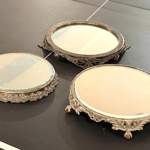Pick Antique Or Vintage Silver Plated Mirrored Plateau Tray: Grape 11" or Castilian 12.5" or paw on amber ball feet 12.25"