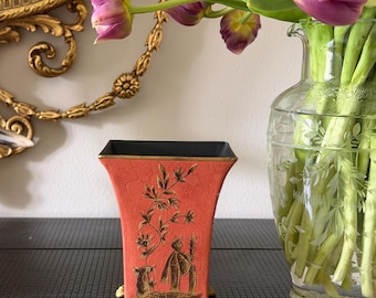 Vintage Neoclassical Small Tole Red Gilded Chinoiserie metal planter or vase, with paw feet 5.25"x4.2"