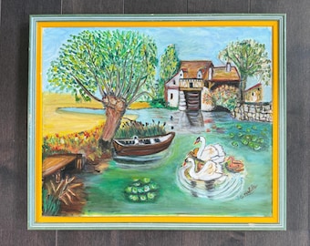 Pintura al óleo fantástica de una casa sobre un estanque. Firmada por el artista. 19"x16".