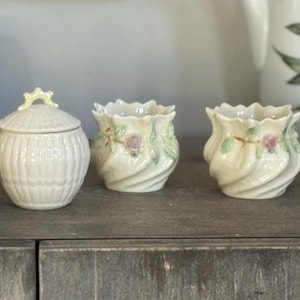 Choice of Vintage Belleek Irish Shamrock Open Sugar Bowl or Limpet Yellow basket weave sugar bowl or set of 2 rose cache pots (1 small chip)