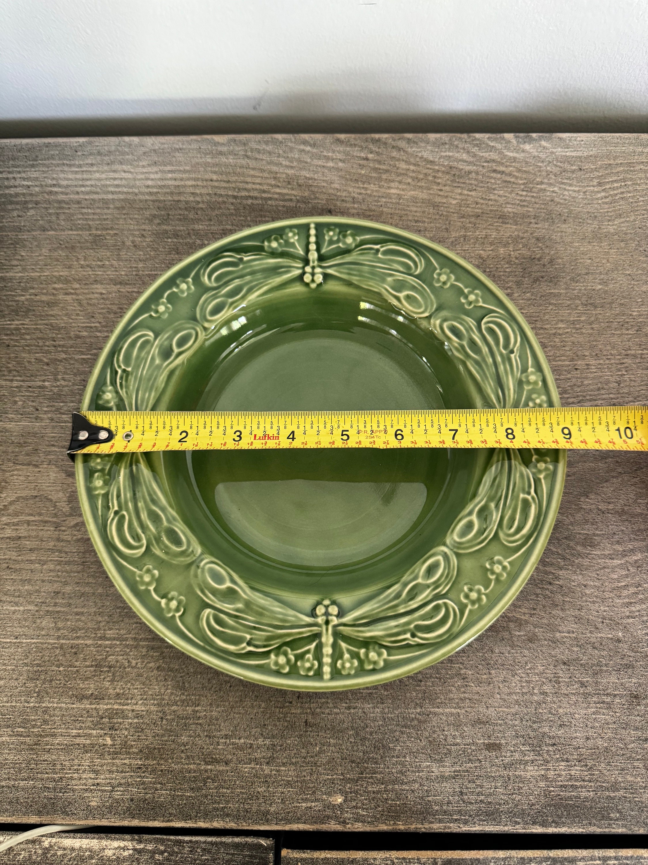 Set of Rare 6 Bordallo Pinheiro Embossed Green Dragonfly Large Rim