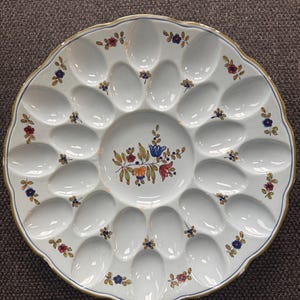 Vintage ceramic deviled egg platter made in italy hand painted floral pattern & scalloped rim 13.25" - Glaze loss here and there