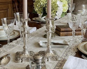 Antique Barker Ellis Silver Plated Candlesticks Pair, Ornate Victorian Candle Holders with Removable Bobeches, Pineapple Hallmark EPNS