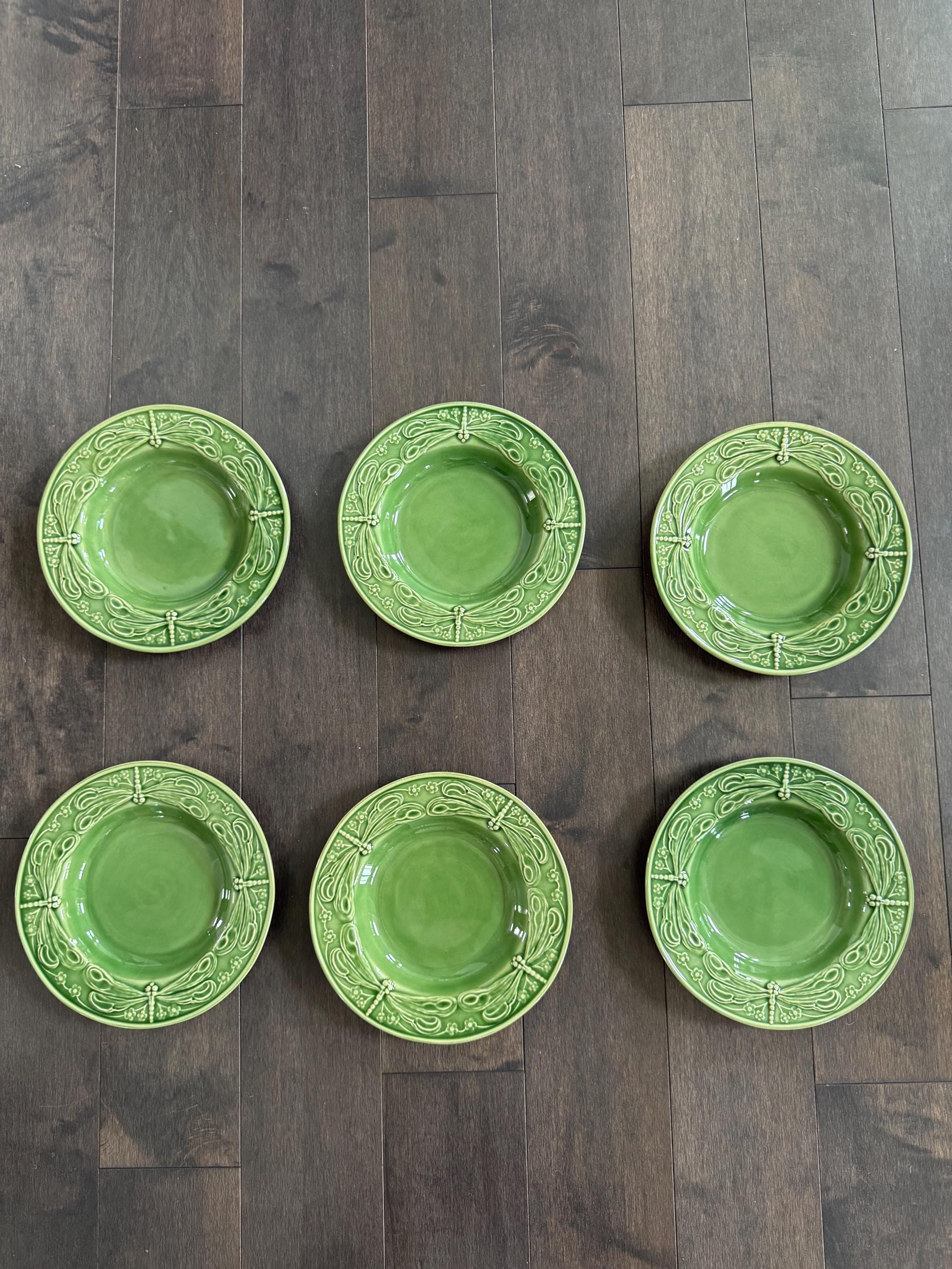 Set of Rare 6 Bordallo Pinheiro Embossed Green Dragonfly Large Rim