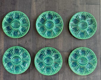 Juego de 6 platos de mayólica francesa verde para ostras de 24,7 cm con motivos de peces.