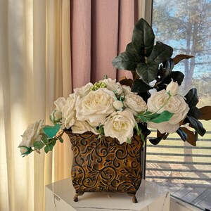 Vintage Yellow or Gold tone Vine Ornate Metal Basket Flower Vase Pot Planter with lion head handle 11.5&quot;L x 7.5&quot;D x 10&quot;h