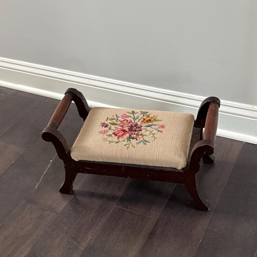 Vintage Needlepoint Wooden Foot Stool Footstool 17"x9"x8" (cushion Size ...