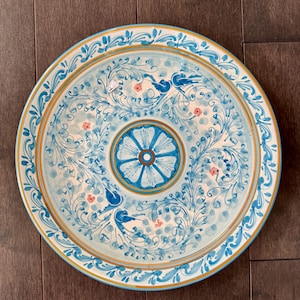 Large Hand-Painted Decorative blue white Charger size Wall Plate In Bird of Paradise Artistic Ceramics From Caltagirone Italy signed 11.5”