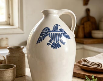 Vintage Pfaltzgraff Yorketown Style American Eagle Whiskey Jug Crock, 10” Stoneware Blue Ceramic Jug, Rustic Farmhouse Country Kitchen Decor