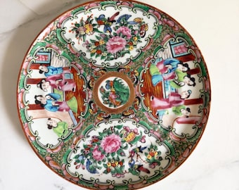 Vintage Chinese Famille Rose Medallion Round 7 7/8" Bread plate, Hand Painted Porcelain with Butterfly, Mocking Birds, Peonies & People