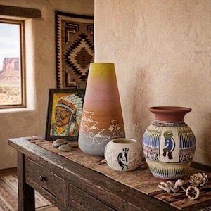 Native American Pottery and Art Collection | Vintage Signed Sioux or Navajo Vase, Cedar Mesa Kokopelli Bowl, & Indian Warrior Portrait Decor
