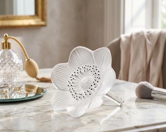 Vintage Lalique France Anemone Crystal Flower Paperweight Frosted Glass Blossom Sculpture Black Enamel Dots Signed French Art Vanity Decor