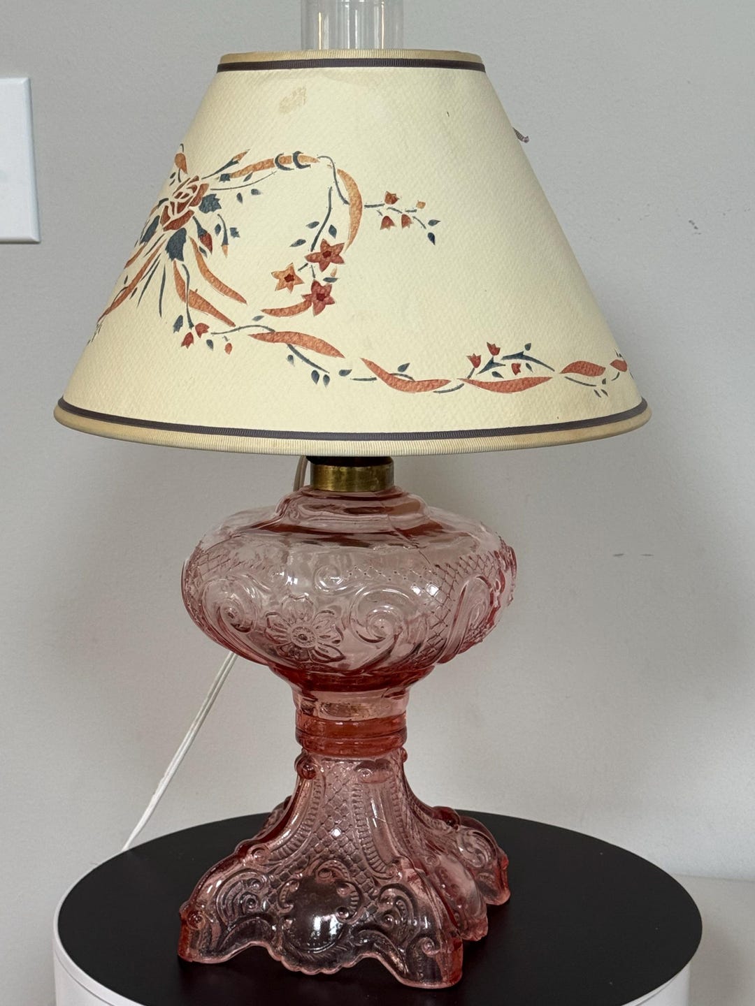 Vintage Pink Depression Glass Hurricane Table Lamp 18 x8 x8 With Shade vintage-pink-depression-glass-hurricane-table-lamp-18-x8-x8-with-shade