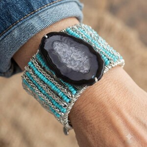 Raw Geode Cuff Bracelet, Turquoise Statement Jewelry, Artisan Wire Wrapped Boho Bangle, Southwestern Gemstone Cuff, OOAK Gift for Her 2.25”