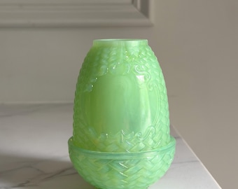 Wilkerson Vaseline Glass basket weave Fairy Lamp 4.75" Tall