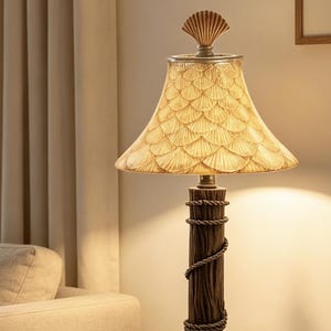 Coastal Table Lamp with Shell Pattern Shade & Seashell Finial, 16" Nautical Rope Wood Table Lamp, Beach House Decor Entryway Console Light