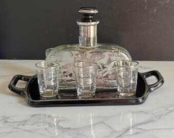 Antique or vintage marked Sterling Silver Overlay Dog Horse Hunting Scene Decanter + glass Tray & 6 shot glasses w humorous "Just a swallow"