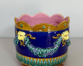 Vintage Fitz and Floyd Majolica Monkey head? Footed Cobalt Blue Jardinière Cachepot Planter or Vase 9"x9"x8"