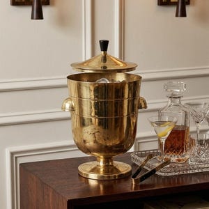 Tommi Parzinger Brass Ice Bucket Signed TP, Dorlyn Silversmiths Vintage Thermos Brand Liner, Mid-Century Hollywood Regency Barware 12"x7.5"