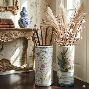 May include: Two cylindrical ceramic umbrella stands. The left stand features a white base with green vines and colorful floral motifs. The right stand displays a painted scene of a pink flamingo in a pond. Both hold various wooden walking canes.