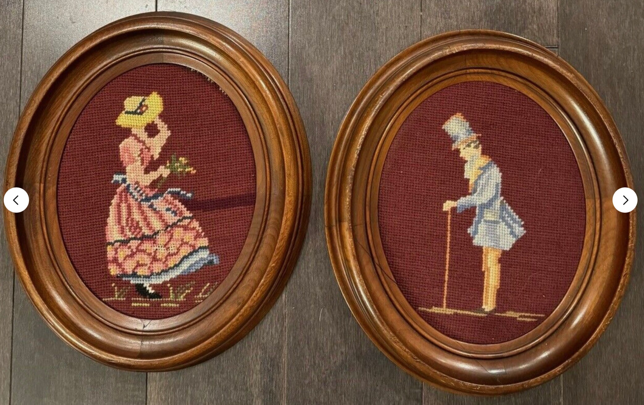 Pair of Vintage Oval Needlepoint Lady & Gentleman Wall Art In Quality Wood Frame 13.5” x 11"