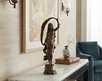 Antique Auguste Moreau Bronze Statue The Breeze, 19th Century French Art Nouveau Sculpture Patinated Bronze Woman Figure Luxury Mantel Decor