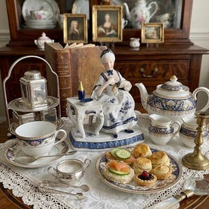 Vintage KPM German Porcelain Figurine, Victorian Lady at Afternoon Tea Table, Blue and White Gold Gilt Statue 5.5"x4.75"