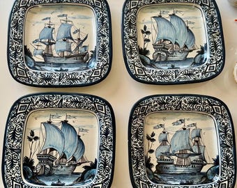 Set of 4 Vintage Square Blue and White Sailboat Display Plates Made in Italy 11&quot;