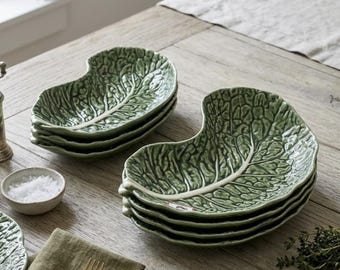 Vintage Bordallo Pinheiro Green Cabbage Leaf Crescent Kidney Plates - Set of 7 Handcrafted Majolica Side Salad Plates, Made in Portugal