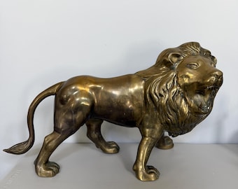 Jumbo 30" Vintage Brass Roaring Lion Sculpture | Massive Hollywood Regency Statement Statue | Mid Century Maximalist Safari Decor