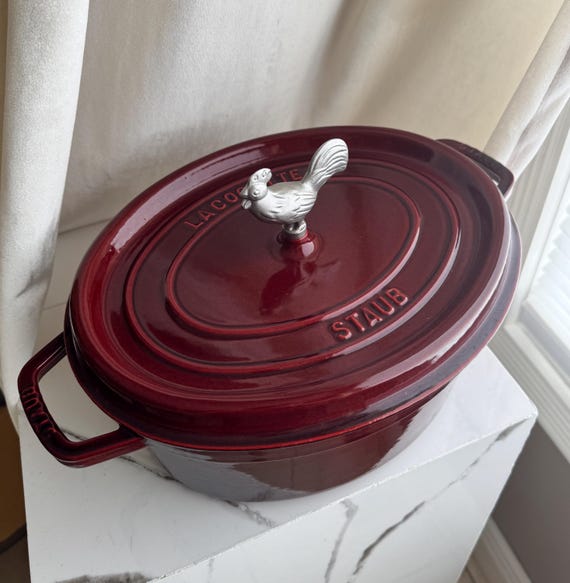 Heavy Staub Enameled Cast Iron Oval Dutch Oven Coq Au Vin Cocotte With Rooster Knob 14.5