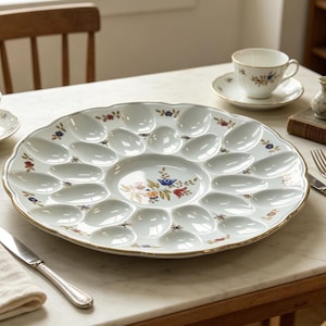 May include: A white porcelain egg serving platter with a scalloped edge and gold trim. The platter features a central floral motif and eighteen oval indentations arranged in a circular pattern, decorated with small painted floral accents.