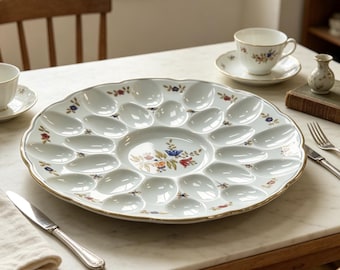 Vintage Italian Blue Ceramic Deviled Egg Platter, Hand Painted Floral Easter Serving Tray, Scalloped Edge 13 Inch Egg Plate, Made in Italy