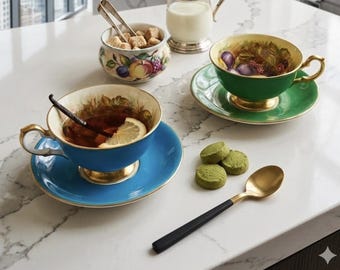 Aynsley Orchard Gold Fruit Teacup and Saucer Set, Signed D Jones, Fine Bone China England, Choose Emerald Green or Turquoise Teal Blue Gilt