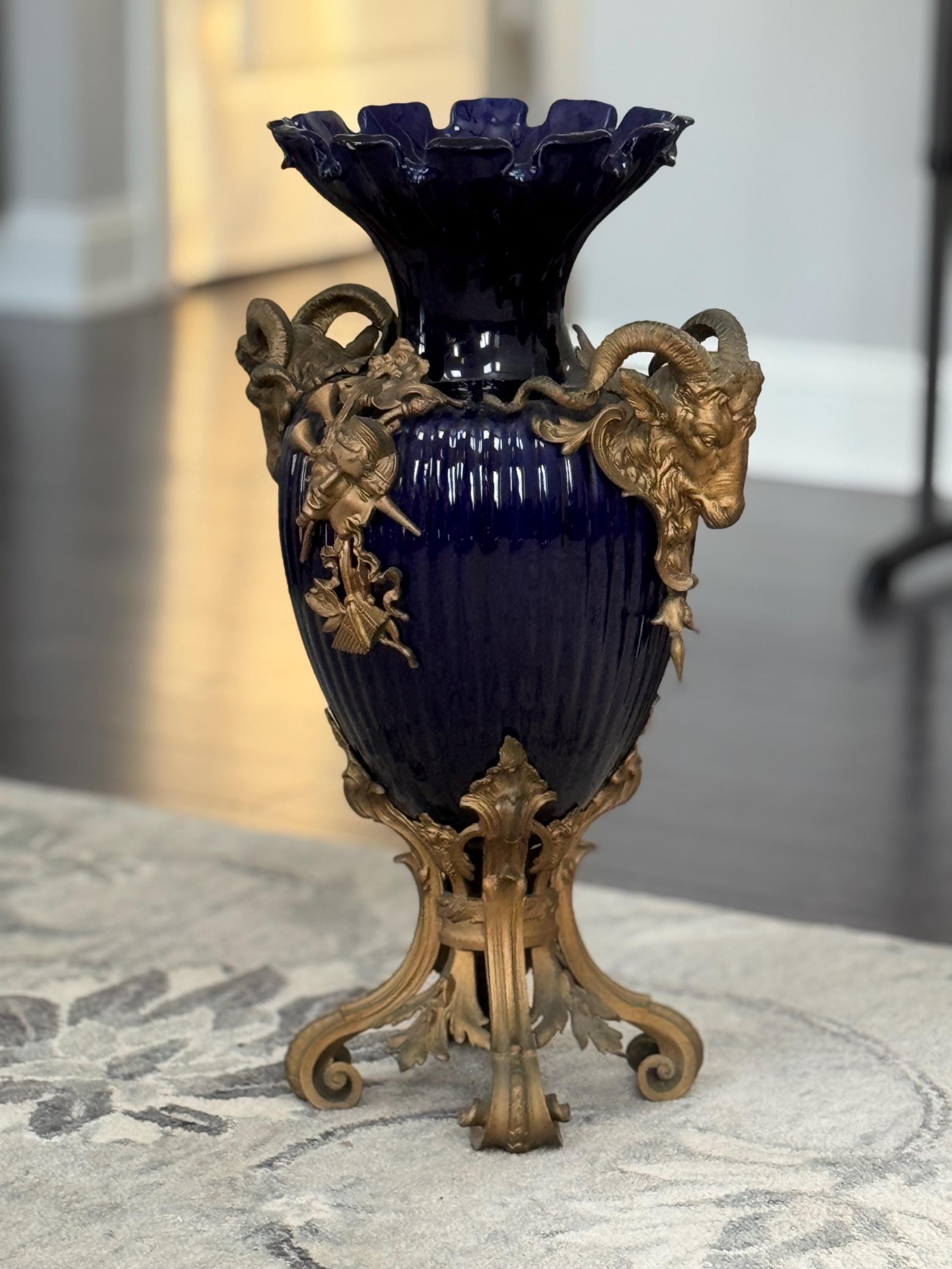 Vintage French Cobalt Blue Porcelain and Gilt Bronze Ormolu Vase