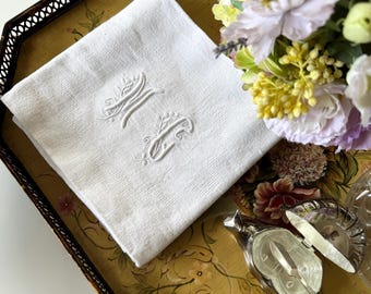 Set of 2 Vintage French White Napkin Monogrammed Dinner Napkins 26.5"x24.5"
