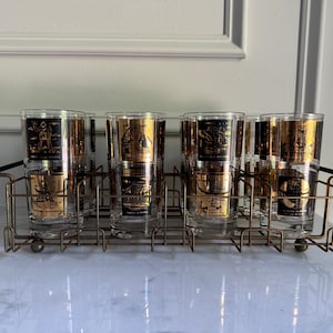 Vintage Seven Wonders of World Highball Glasses with Tray, Frank Maietta Mid Century Barware Set, 8 Tumblers in black and gold