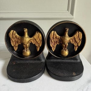 Pair of Vintage Cast Iron Golden Eagle Bird Round Book Ends 5.75&quot; tall