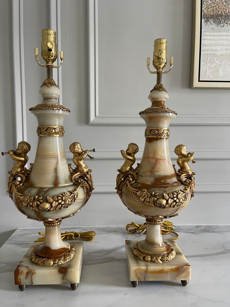 Pair of Italian Marble Table Lamp With Onyx Pedestal and Bronze Music ...