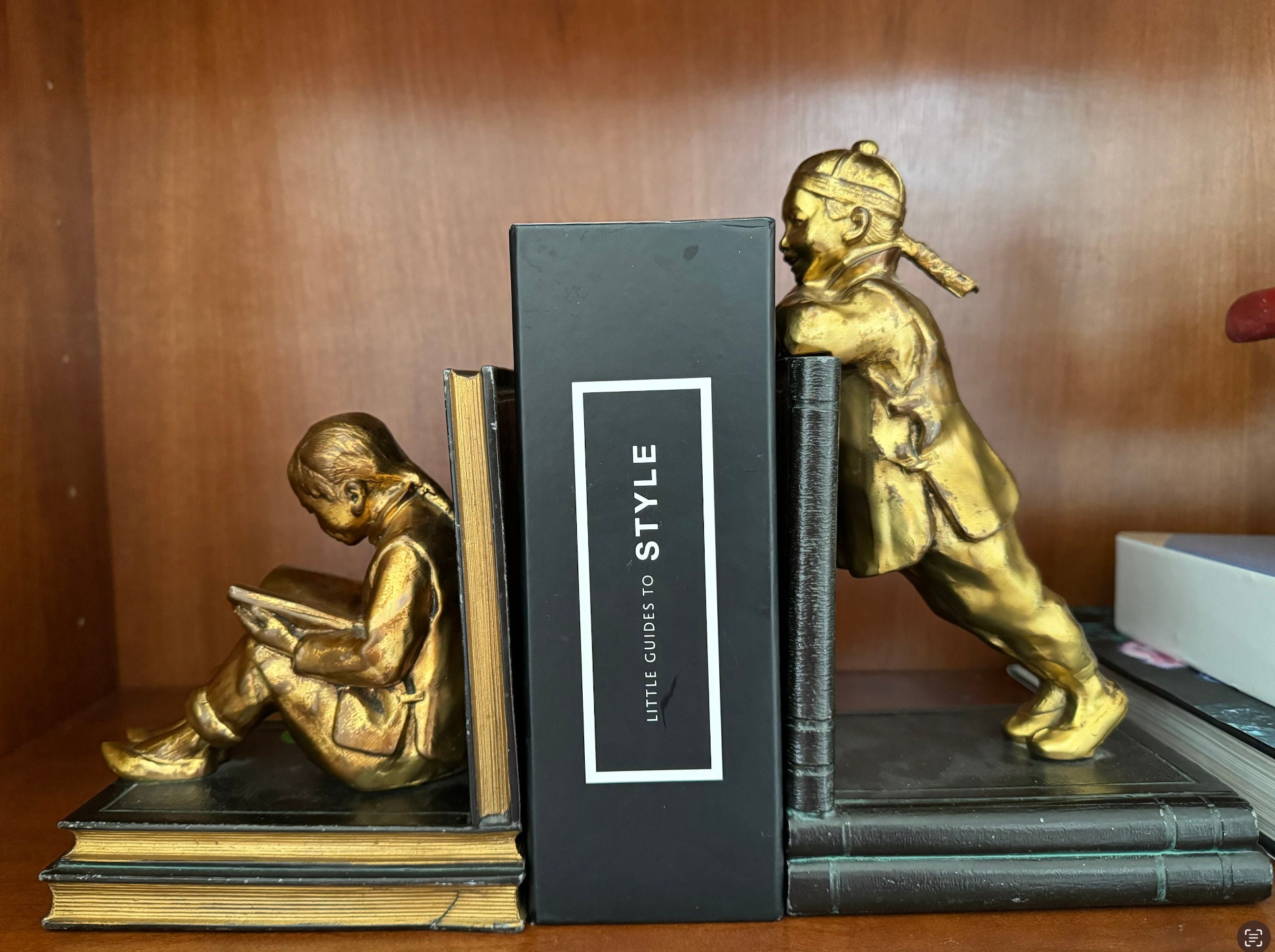 Pair of Vintage 1929 Gold Tone Chinese Cast Metal Boy and Girl