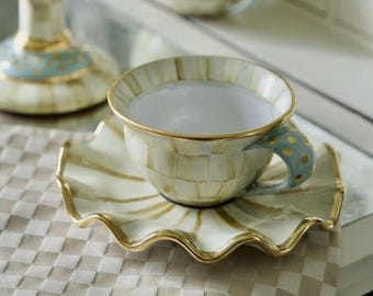 Rare MacKenzie childs parchment check ceramic teacup and saucer set retired gold